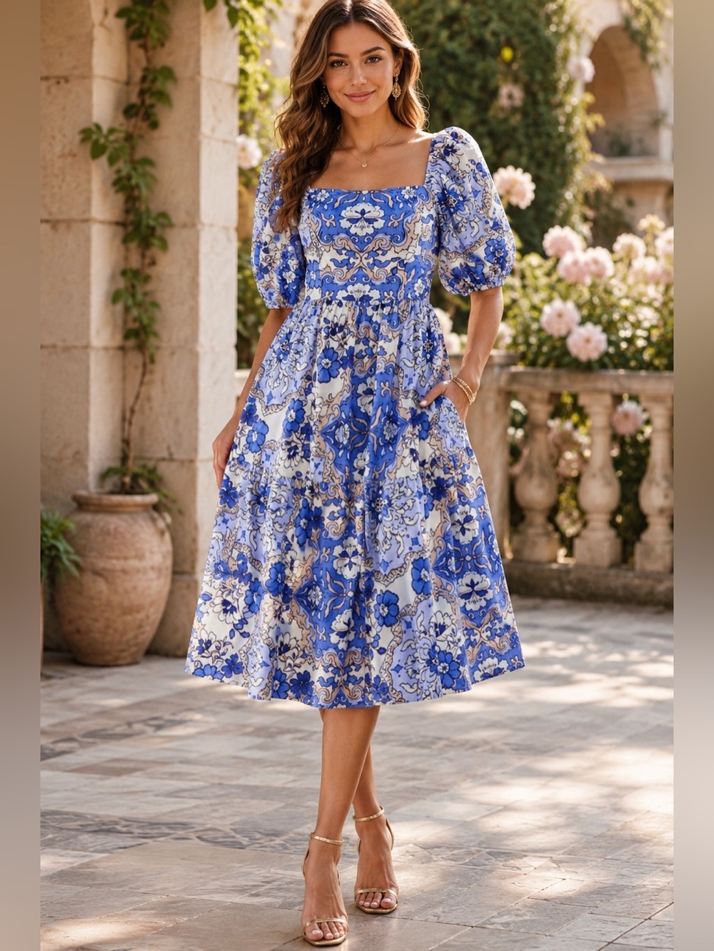 Vince Camuto Women's Floral-Print Puffed-Sleeve Midi Dress